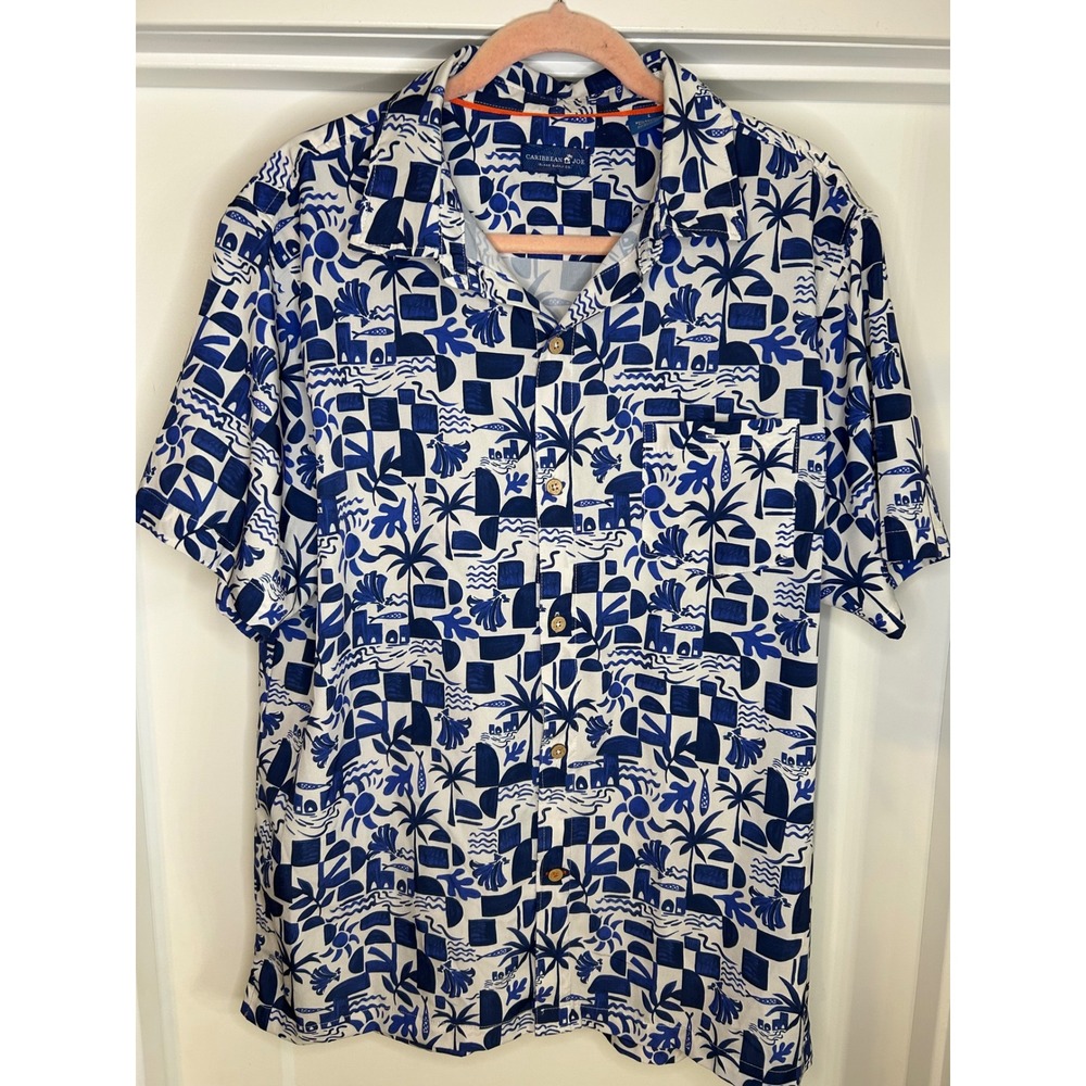 Caribbean Joe Mens Aloha Shirt Blue White Tropical Large‎ Short Sleeve Button Up